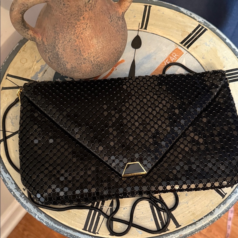 Vintage black Sequin Envelope Wristlet Clutch with Gold Accent